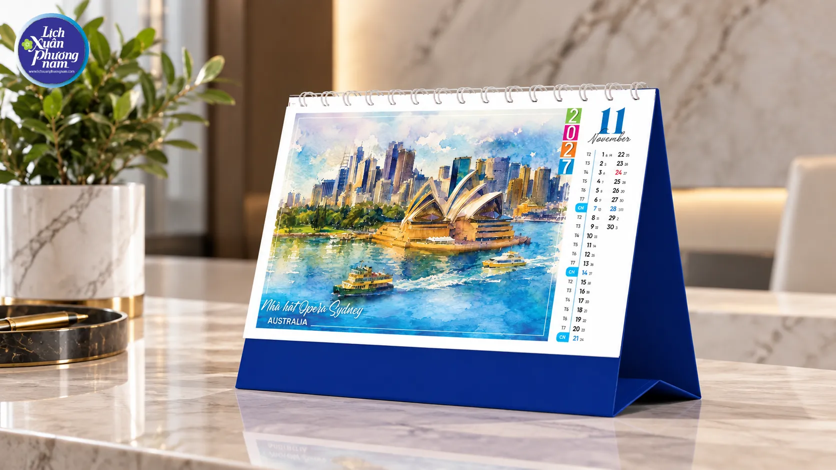 PN05 kết hợp thiết kế lịch bàn tiện dụng với tranh màu nước, mở ra hành trình thưởng ngoạn thế giới mỗi tháng.