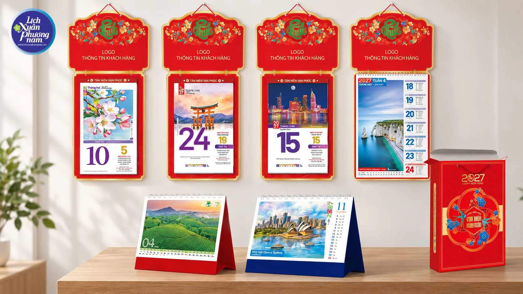 Lịch Xuân Phương Nam cung cấp sáu mẫu lịch 2027 cùng chính sách chiết khấu đặc biệt cho đơn doanh nghiệp từ 100 bộ