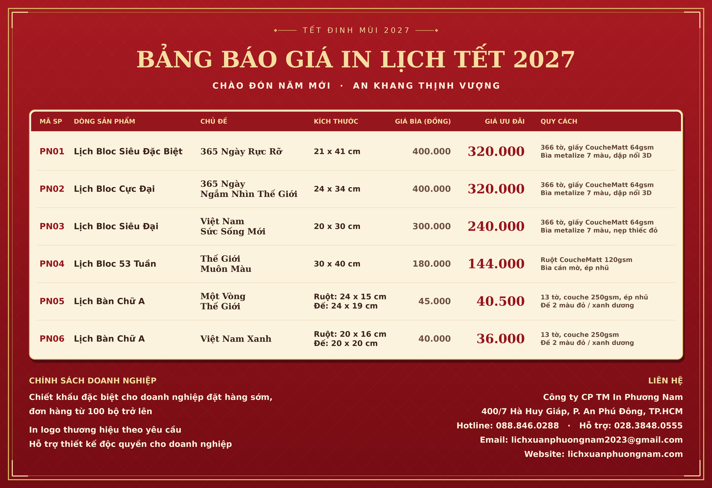 [BÁO GIÁ] IN LỊCH TẾT 2027 GIÁ XƯỞNG – CHIẾT KHẤU SỐ LƯỢNG LỚN CHO DOANH NGHIỆP